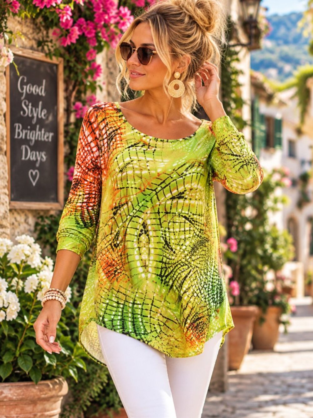 Mona Leah Couture Green Abstract Embellished Tunic Top L Artsy Boho